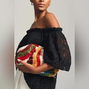 Anthropologie Maeve Eyelet Off The Shoulder Oversized Lace Black Top Size‎ M